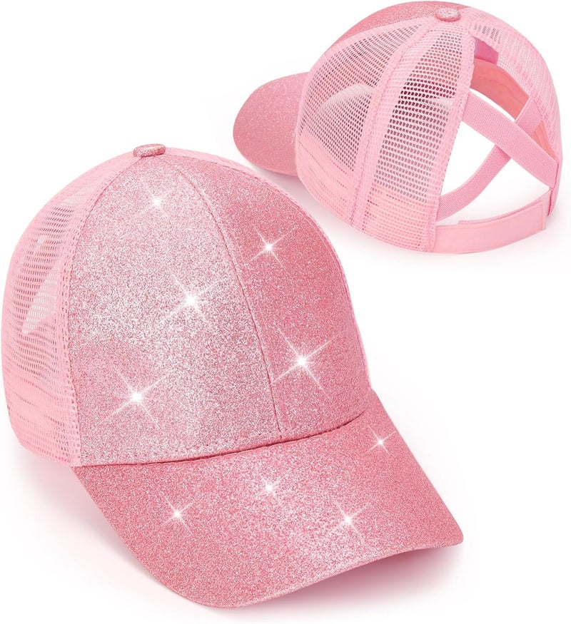 BROMZ Girls Glitter Baseball Cap Kids Ponytail Hat Adjustable Summer Mesh Trucker Hats for 4-12 Years - Image 1